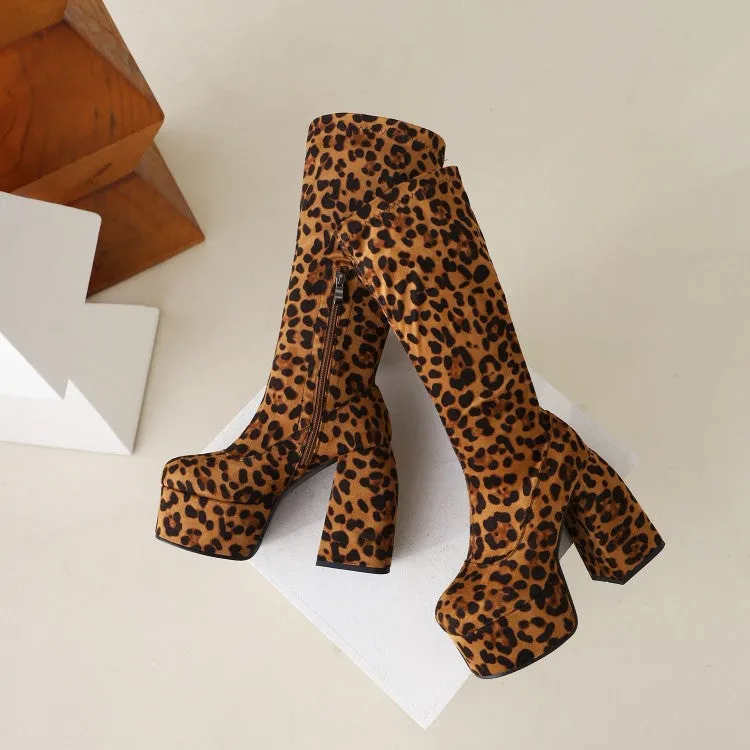 Women's Leopard Print Round Toe Stitching Block Heel Platform Knee High Boots