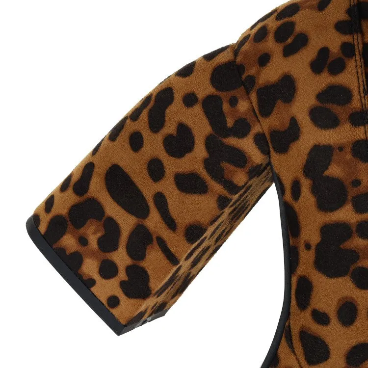 Women's Leopard Print Round Toe Stitching Block Heel Platform Knee High Boots