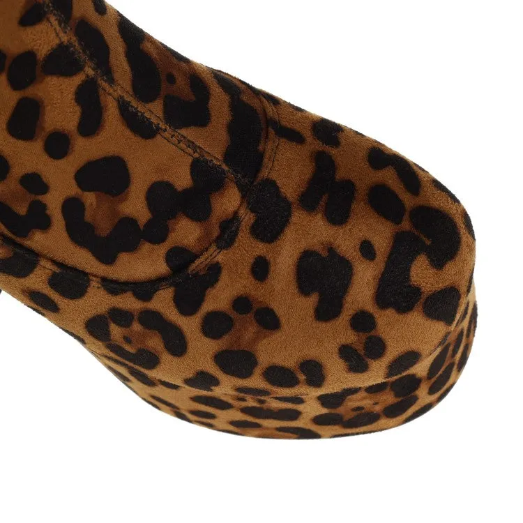 Women's Leopard Print Round Toe Stitching Block Heel Platform Knee High Boots