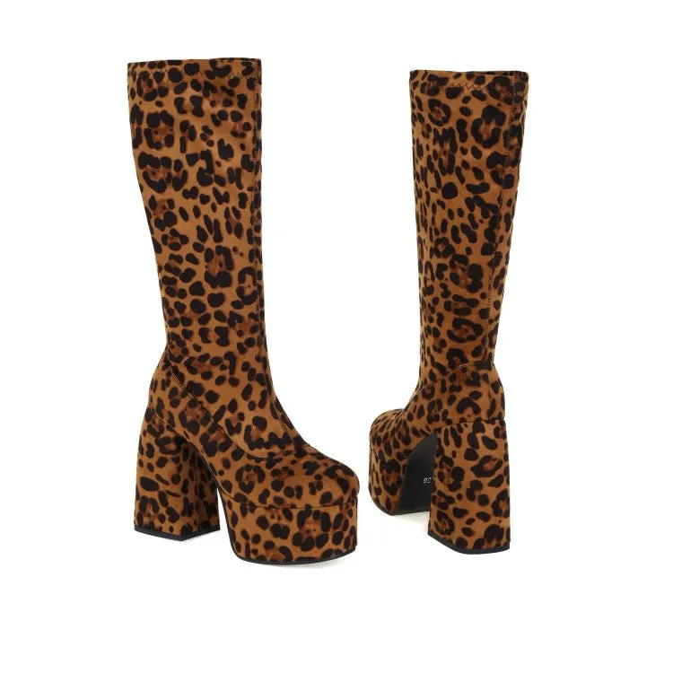 Women's Leopard Print Round Toe Stitching Block Heel Platform Knee High Boots