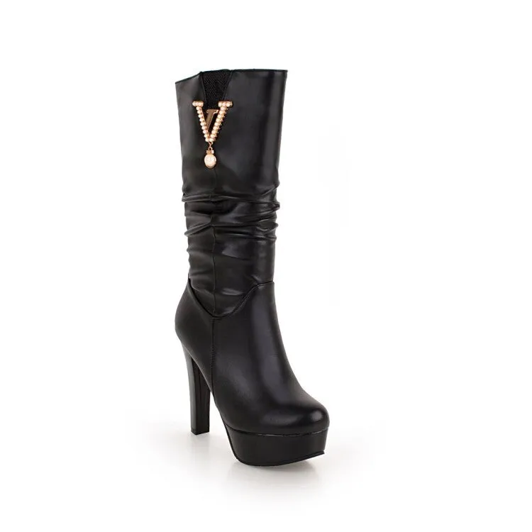 Women's Round Toe Rhinestone Block Chunky Heel Platform Mid-Calf Boots