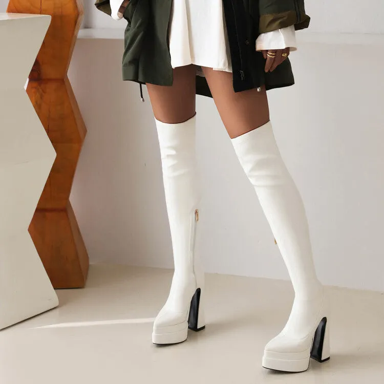 Women's Side Zippers Spool Heel Platform Over the Knee Boots