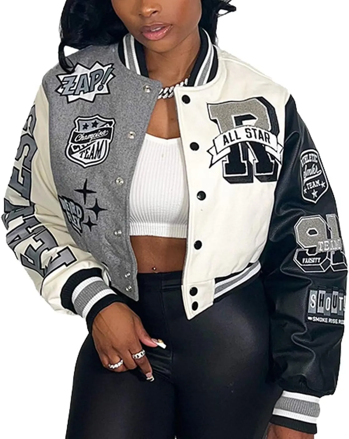 Womens Varsity Jacket Long Sleeve Button Down Cropped Bomber Jackets