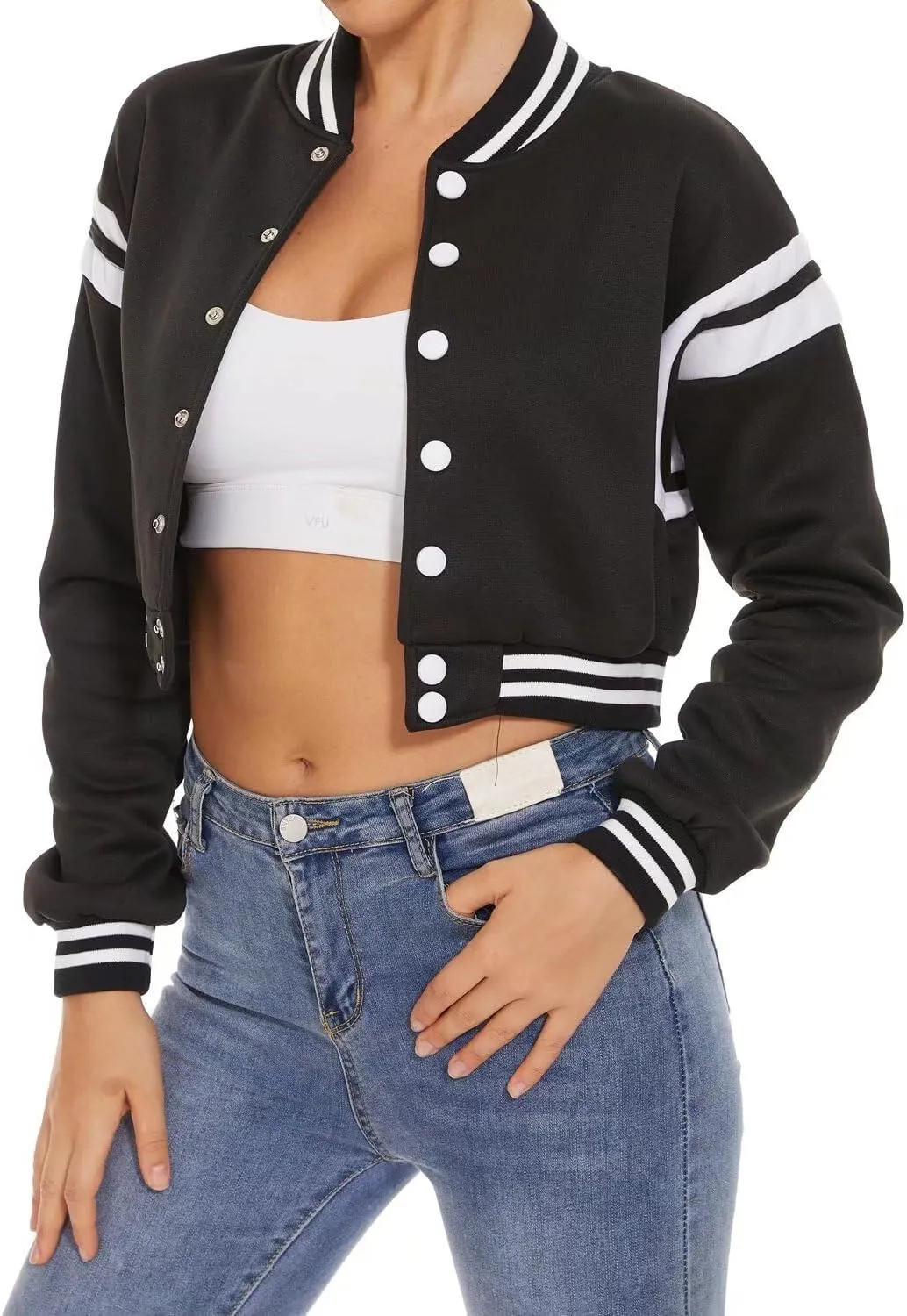 Womens Varsity Jacket Long Sleeve Button Down Cropped Bomber Jackets