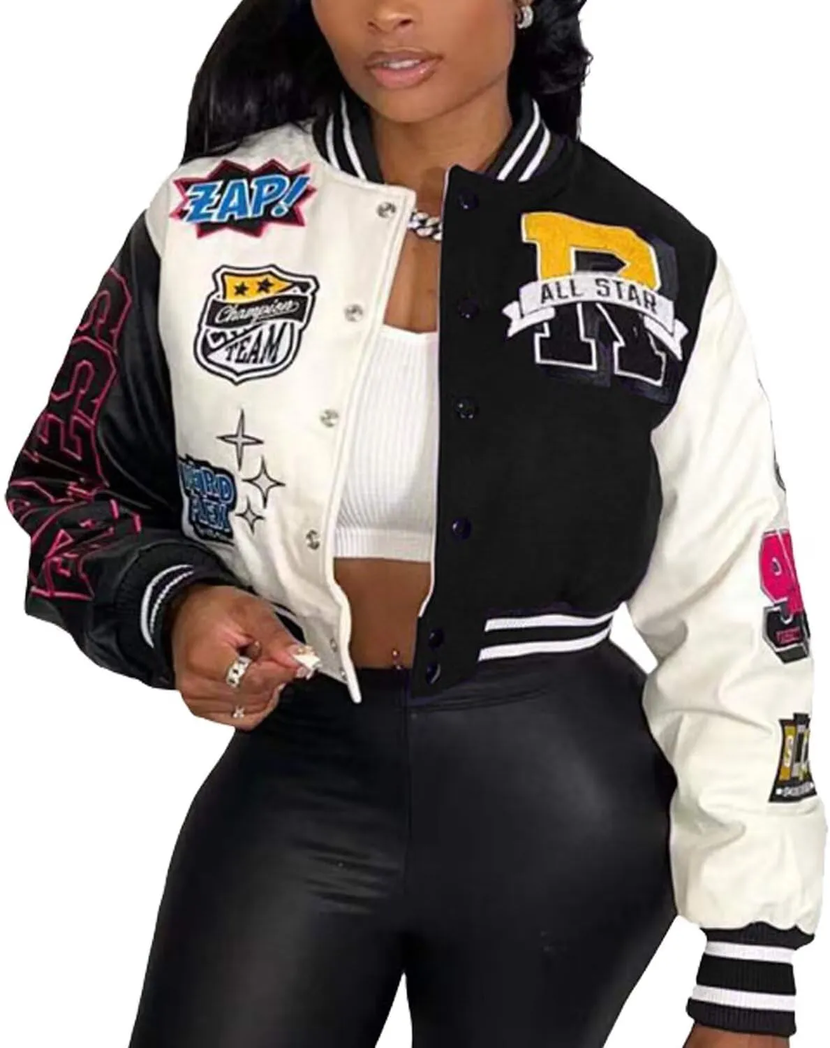 Womens Varsity Jacket Long Sleeve Button Down Cropped Bomber Jackets